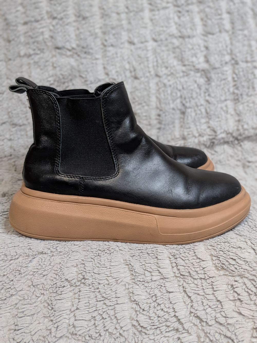 Zac Posen Black Leather Chelsea Platform Ankle Boots with Tan Sole